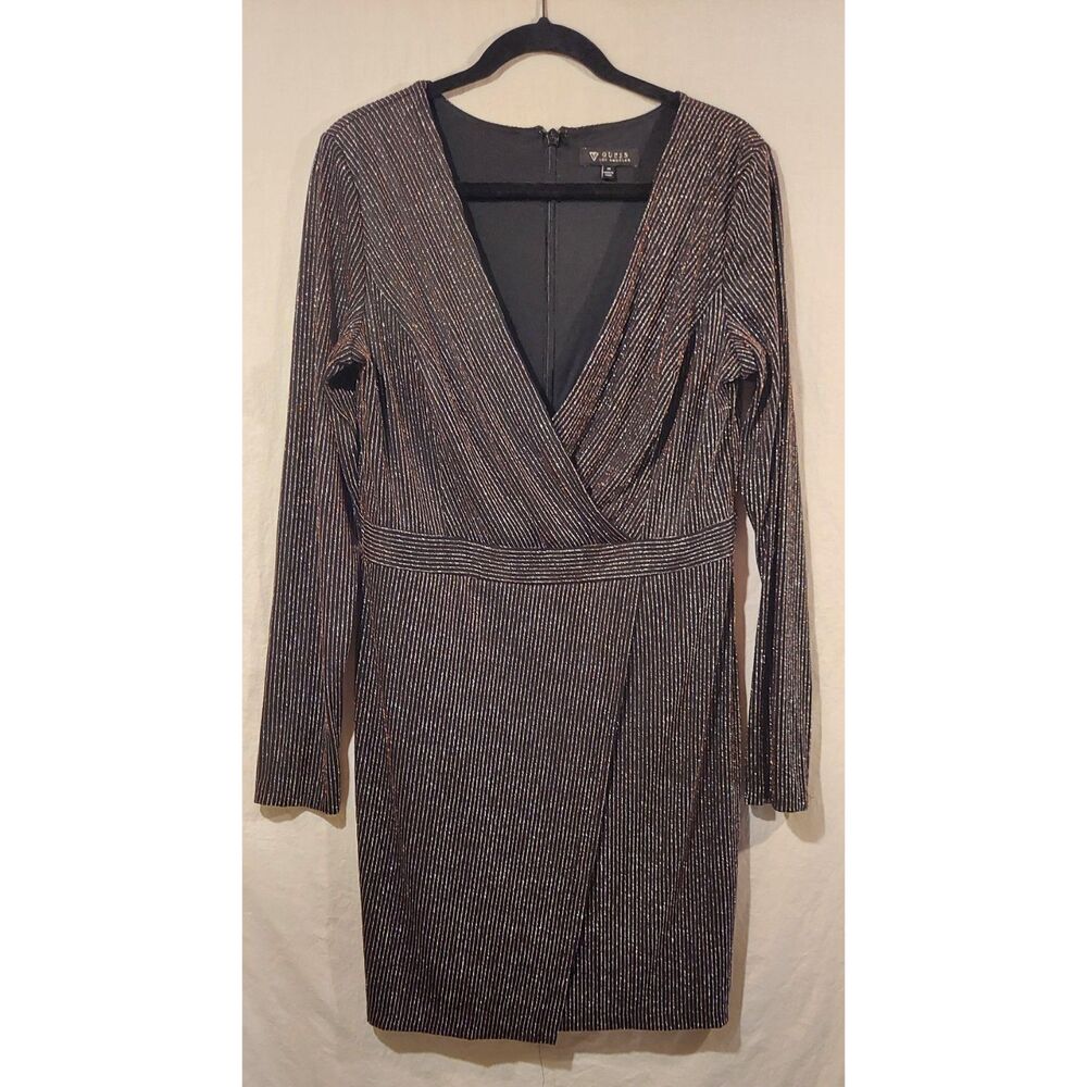 GUESS Metallic Stripe Faux-Wrap Long Sleeve Dress
